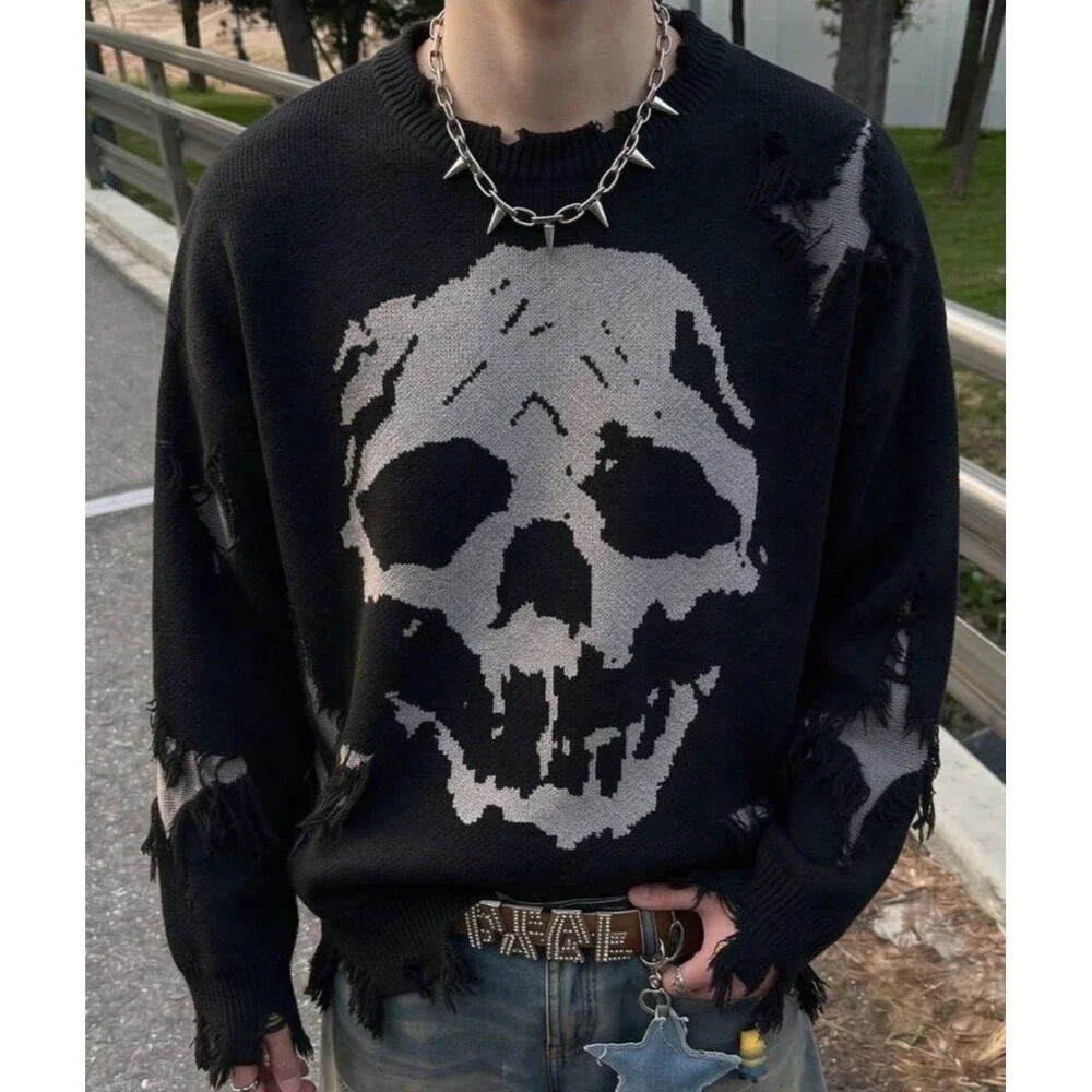 Andreilee Distressed Gothic Skull Print Ripped Sweater Size Large